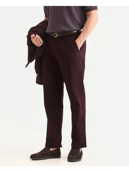 Rare Rabbit - Maroon Textured Pleated Relaxed Trouser