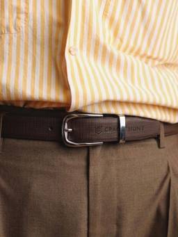 Crabby Hunt - Men's Leather Brown Square Buckle Grid Gunmetal Round Belt