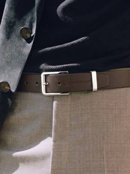 Crabby Hunt - Men's Leather Brown Square Buckle Grid Silver Belt