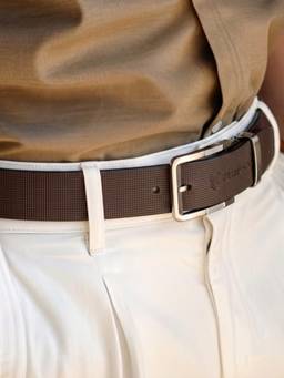 Crabby Hunt - Men's Leather Brown Square Buckle Grid Textured Square Buckle Belt