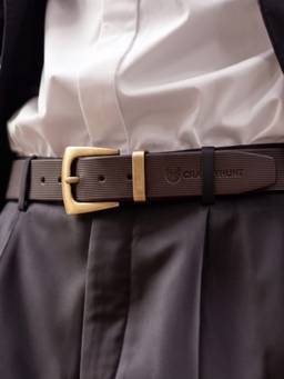 Crabby Hunt - Men's Brown Square Buckle Grid Golden Leather Belt