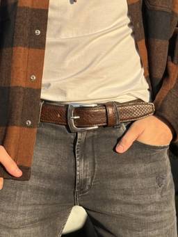 Crabby Hunt - Men's Brown Crocodile Print Silver Leather Belt