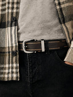 Crabby Hunt - Men's Brown Beige Stripe Leather Belt