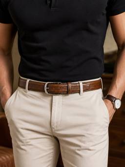 Crabby Hunt - Men's Brown Crocodile Print Leather Belt