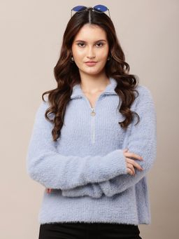 NOBARR - Women Nylon Full Sleeve Shirt Collar Blue Sweater