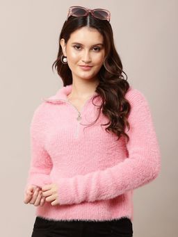 NOBARR - Women Nylon Full Sleeve Shirt Collar Pink Sweater