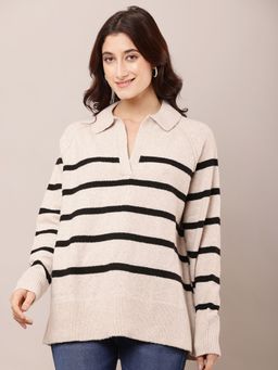 NOBARR - Women Polyester Full Sleeve Collar Neck Striped Beige Baggy Sweater