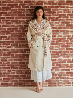 Pinnacle By Shruti Sancheti - Ivory Floral And Bird Embroidered Trench Coat