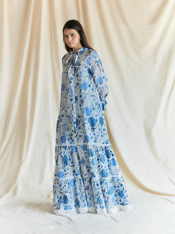 Pinnacle By Shruti Sancheti - White With Blue Printed Maxi With Lace Details