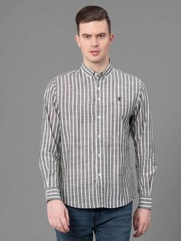 Red Tape - Olive Cotton Men Striped Slub Shirt