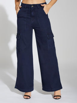 LIFE WITH POCKETS - Women's Navy Blue Wide-Leg High-Rise Stretchable Cargo Jeans