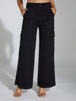 LIFE WITH POCKETS - Women's Black Wide-Leg High-Rise Stretchable Cargo Jeans