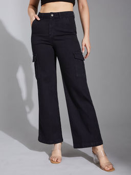 LIFE WITH POCKETS - Women's Black Wide-Leg High-Rise Stretchable Jeans
