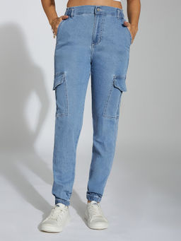 LIFE WITH POCKETS - Women's Light Blue Regular High Rise Stretchable Joggers