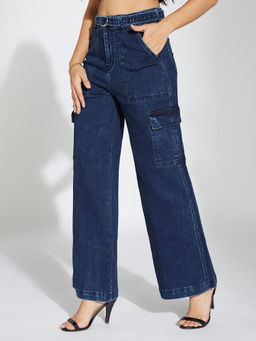 LIFE WITH POCKETS - Women's Blue Wide-Leg High-Rise Stretchable Cargo Jeans