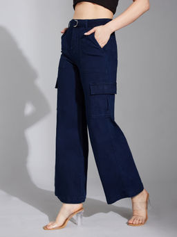 LIFE WITH POCKETS - Women's Navy Blue Wide Leg Regular Stretchable Cargo Jeans