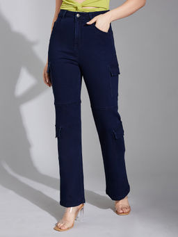 LIFE WITH POCKETS - Women's Navy Blue Wide-Leg High Rise Stretchable Jeans