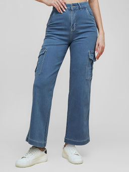 LIFE WITH POCKETS - Women's Blue Wide Leg High Rise Stretchable Jeans