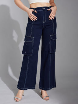 LIFE WITH POCKETS - Women's Navy Blue Wide Leg High Rise Clean Look Jeans
