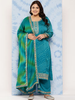 Extra love by Libas - Women Turquoise Printed Kurta with Pant & Dupatta (Set of 3)