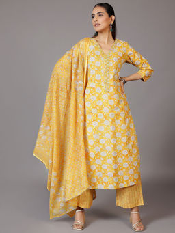Libas - Women Yellow Floral Kurta with Palazzo & Dupatta (Set of 3)