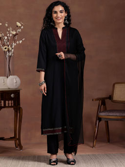 Libas - Women Black Solid/Plain Kurta with Pant & Dupatta (Set of 3)