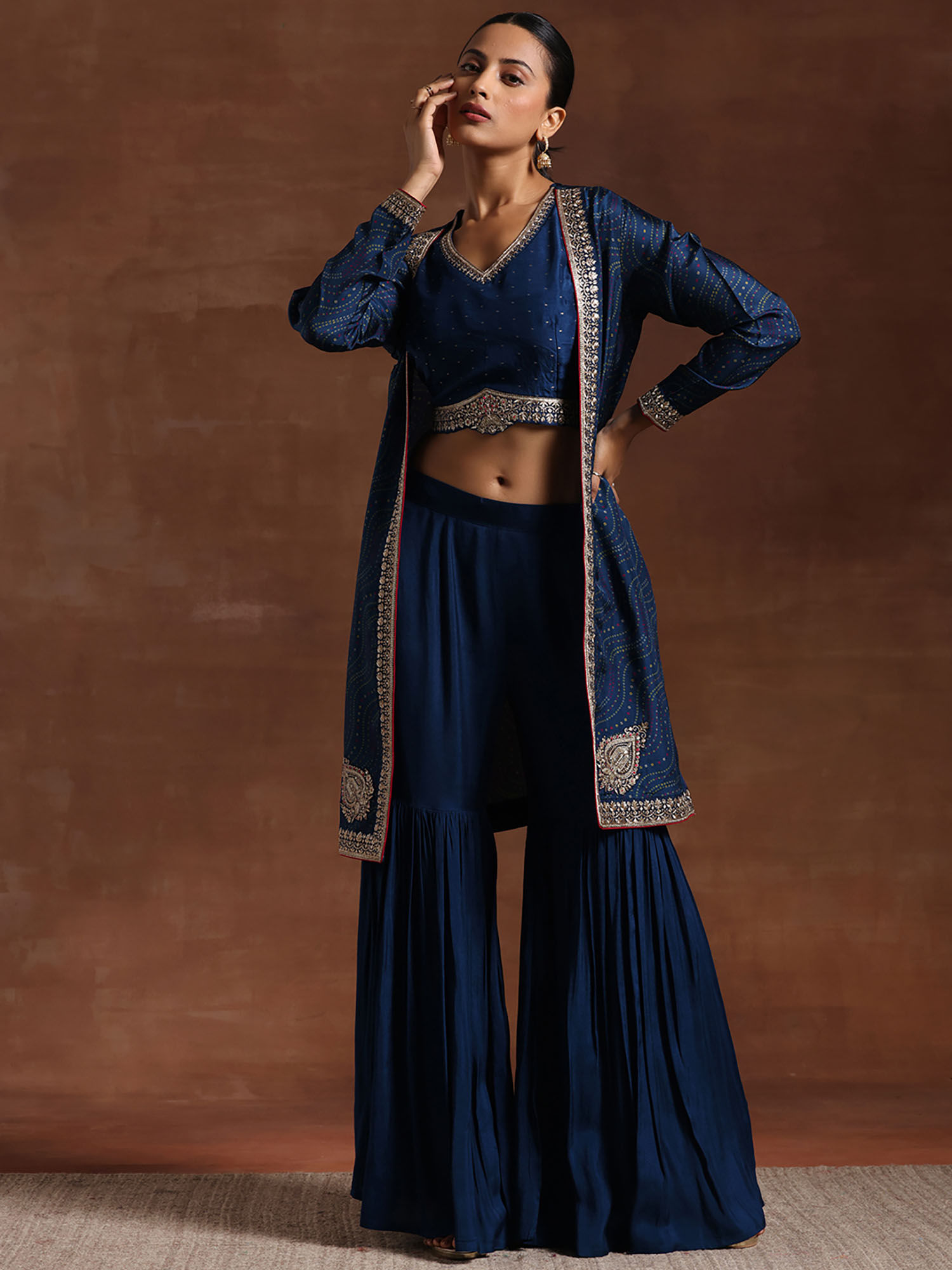 libas Women Blue Printed Crop Top with Sharara & Shrug (Set of 3)-picture-11
