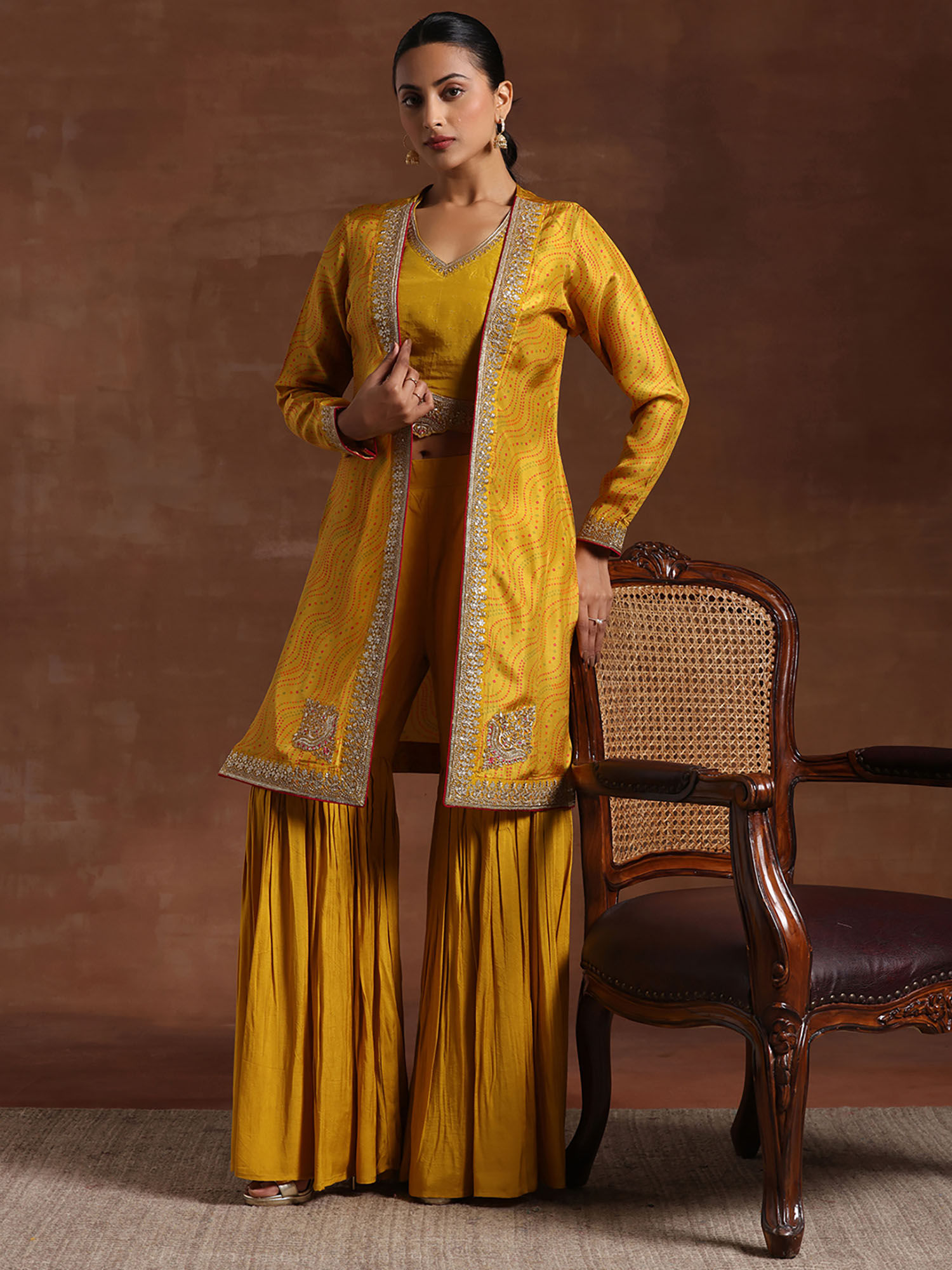 libas Women Mustard Printed Crop Top with Sharara & Shrug (Set of 3)-picture-12