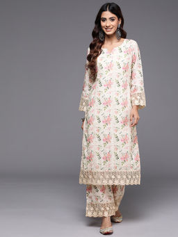 Libas - Women Beige Floral Kurta with Palazzo (Set of 2)