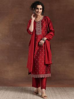 Gerua By Libas - Women Red Embroidered Kurta with Pant & Dupatta (Set of 3)