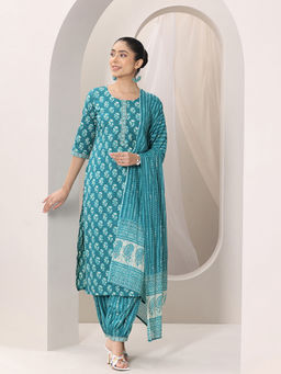 Libas - Women Turquoise Printed Kurta with Salwar & Dupatta (Set of 3)