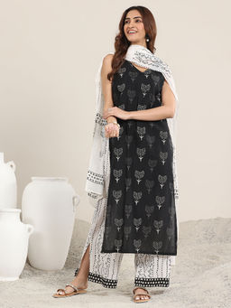 Libas - Women Black Printed Kurta with Palazzo & Dupatta (Set of 3)