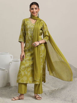 Libas - Women Green Printed Kurta with Pant & Dupatta (Set of 3)