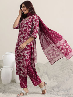 Libas - Women Burgundy Floral Kurta with Pant & Dupatta (Set of 3)