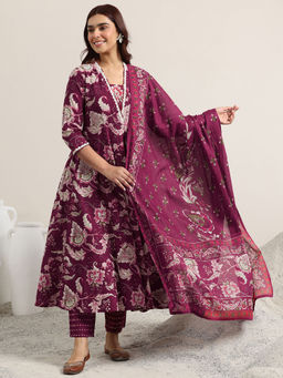 Libas - Women Burgundy Printed Anarkali Kurta with Pant & Dupatta (Set of 3)