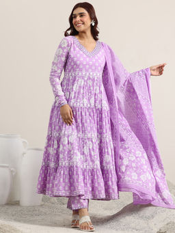 Libas - Women Lavender Printed Anarkali Kurta with Pant & Dupatta (Set of 3)