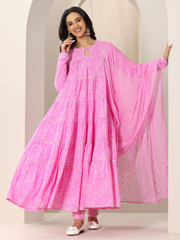 Libas - Women Pink Printed Kurta with Churidar & Dupatta (Set of 3)