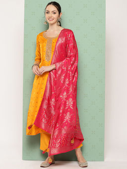 Libas - Women Mustard Woven Kurta with Pant & Dupatta (Set of 3)