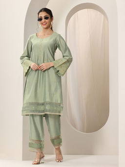 Libas - Women Green Embroidered Kurta with Attached Lining & Pant (Set of 2)