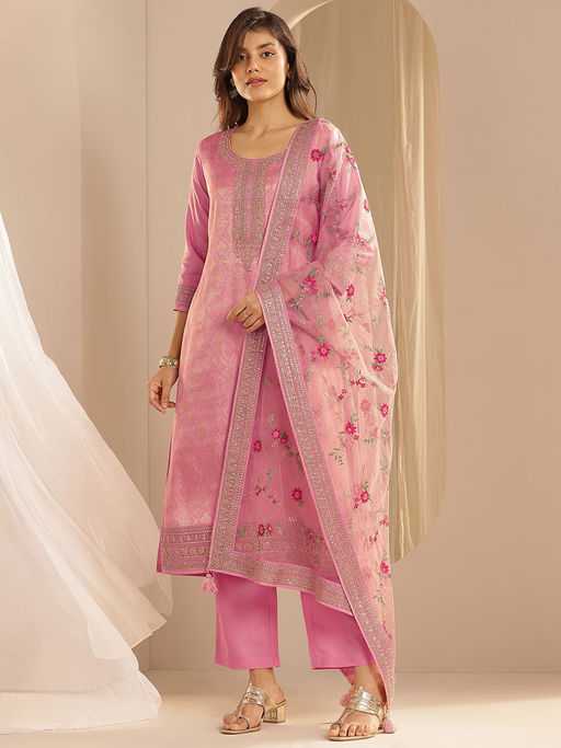 Libas Women Pink Woven Kurta with Pant & Dupatta (Set of 3)