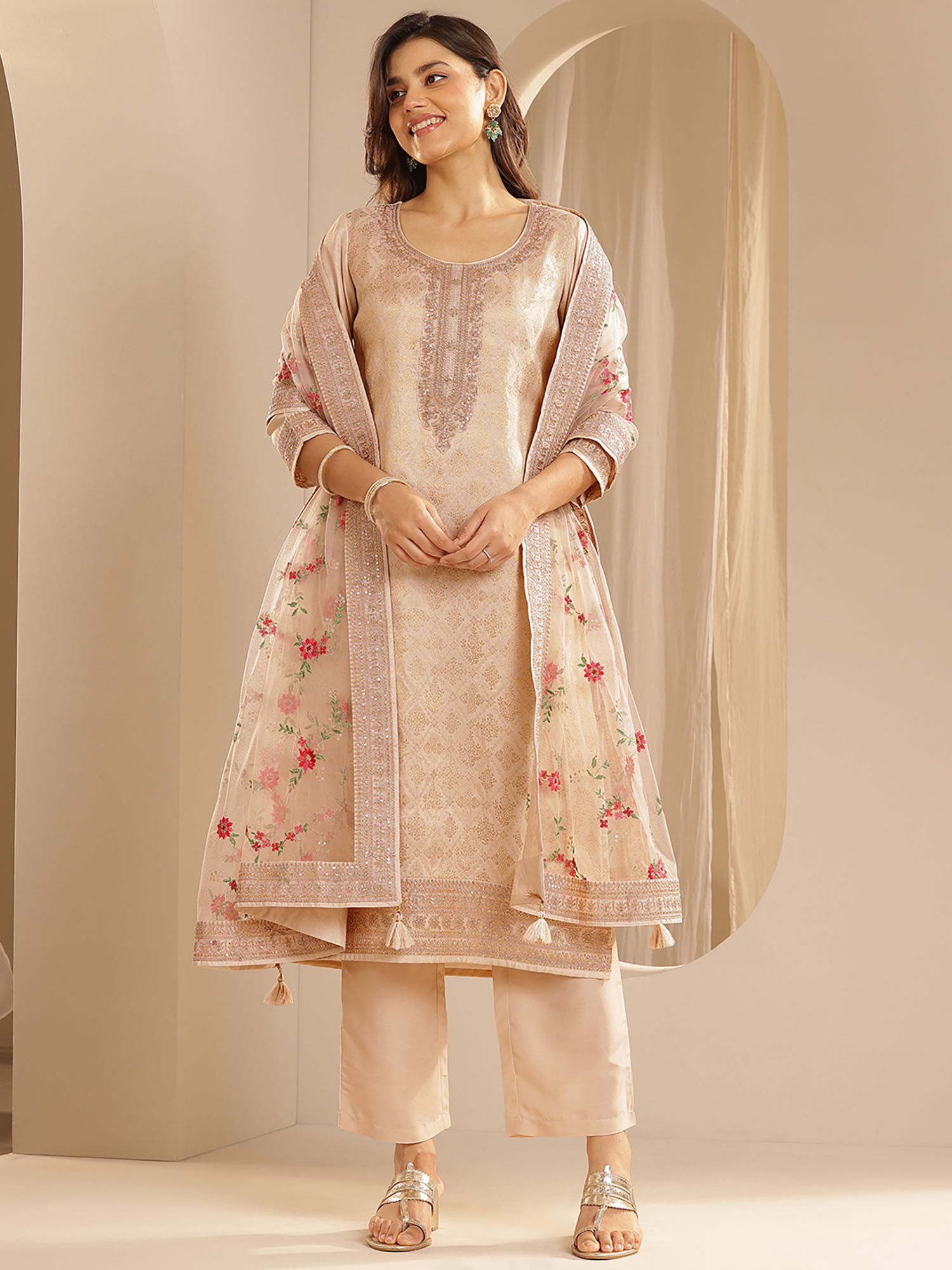 libas Women Beige Woven Kurta with Pant & Dupatta-picture-39