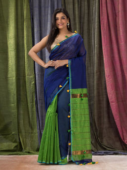 Angoshobha - Cotton Blended Blue & Green Handloom Saree with Unstitched Blouse