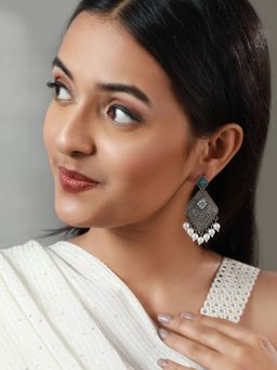Priyaasi - Blue Floral Oxidised Silver Pearl Drop Earrings