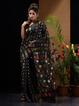 CHARUKRITI - Black Handwoven Saree with Triple Tone Zari Designs & Motifs