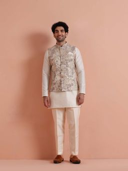 KISAH - Men Cream Jacquard Silk Blend Nehru Jacket with Kurta & Trouser