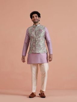 KISAH - Men Lavender Jacquard Silk Blend Nehru Jacket with Kurta & Trouser