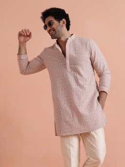 KISAH - Men Pink Georgette Embroidered Mid Kurta