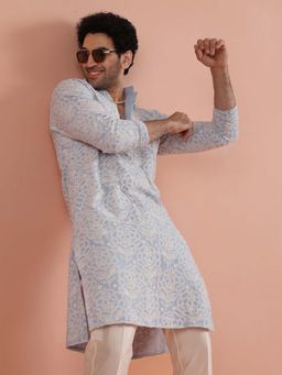 KISAH - Men Light Blue Georgette Embroidered Ethnic Kurta