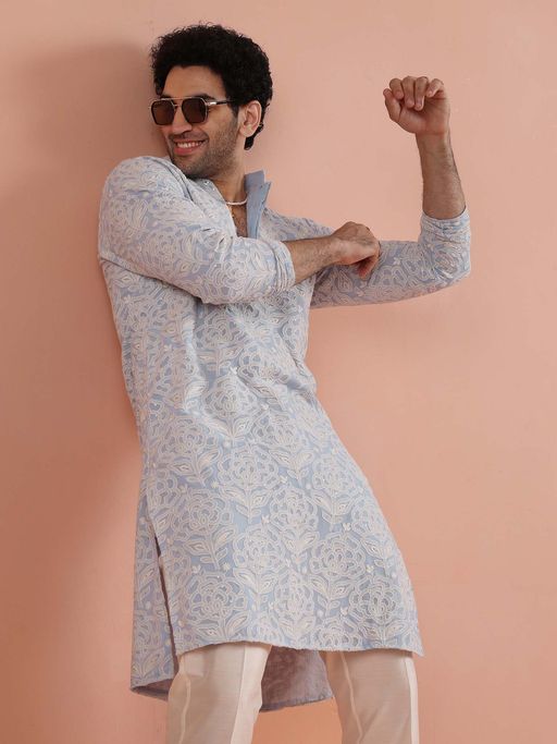 KISAH Men Light Blue Georgette Embroidered Ethnic Kurta