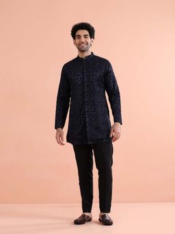 KISAH - Men Navy Blue Velvet Textured Embroidered Ethnic Kurta